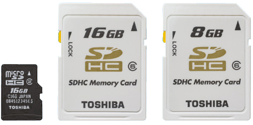 Карты памяти Toshiba microSDHC 16 ГБ и CDHC 16 и 8 ГБ соответственно
