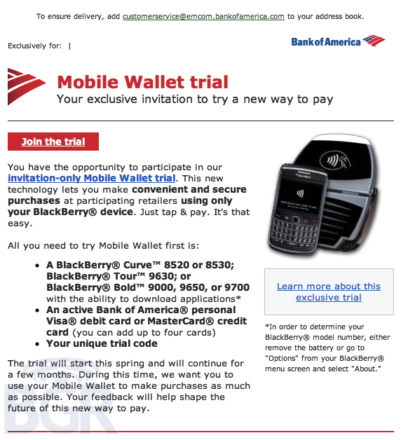 Bank of America тестирует мобильный кошелёк на BlackBerry