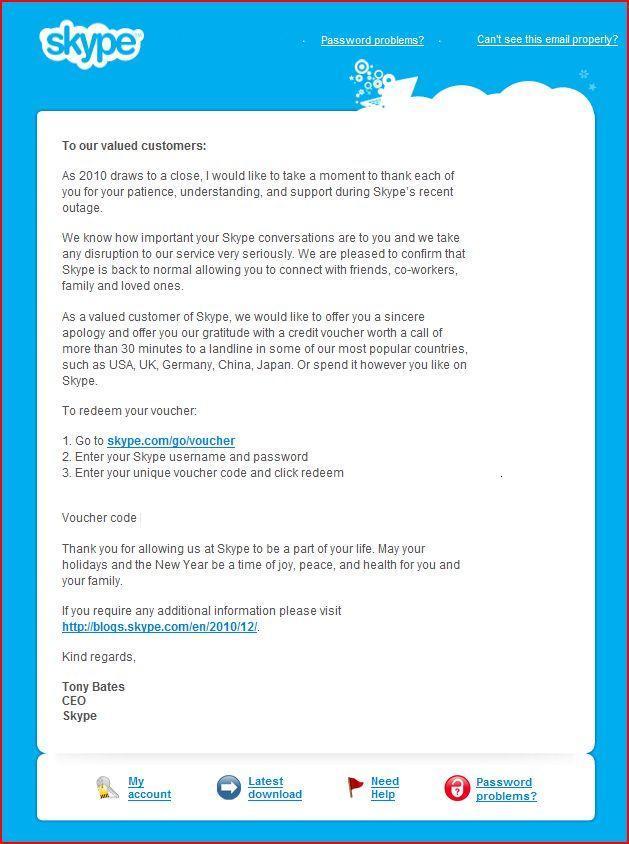 Skype подарит всем пострадавшим от сбоя по доллару